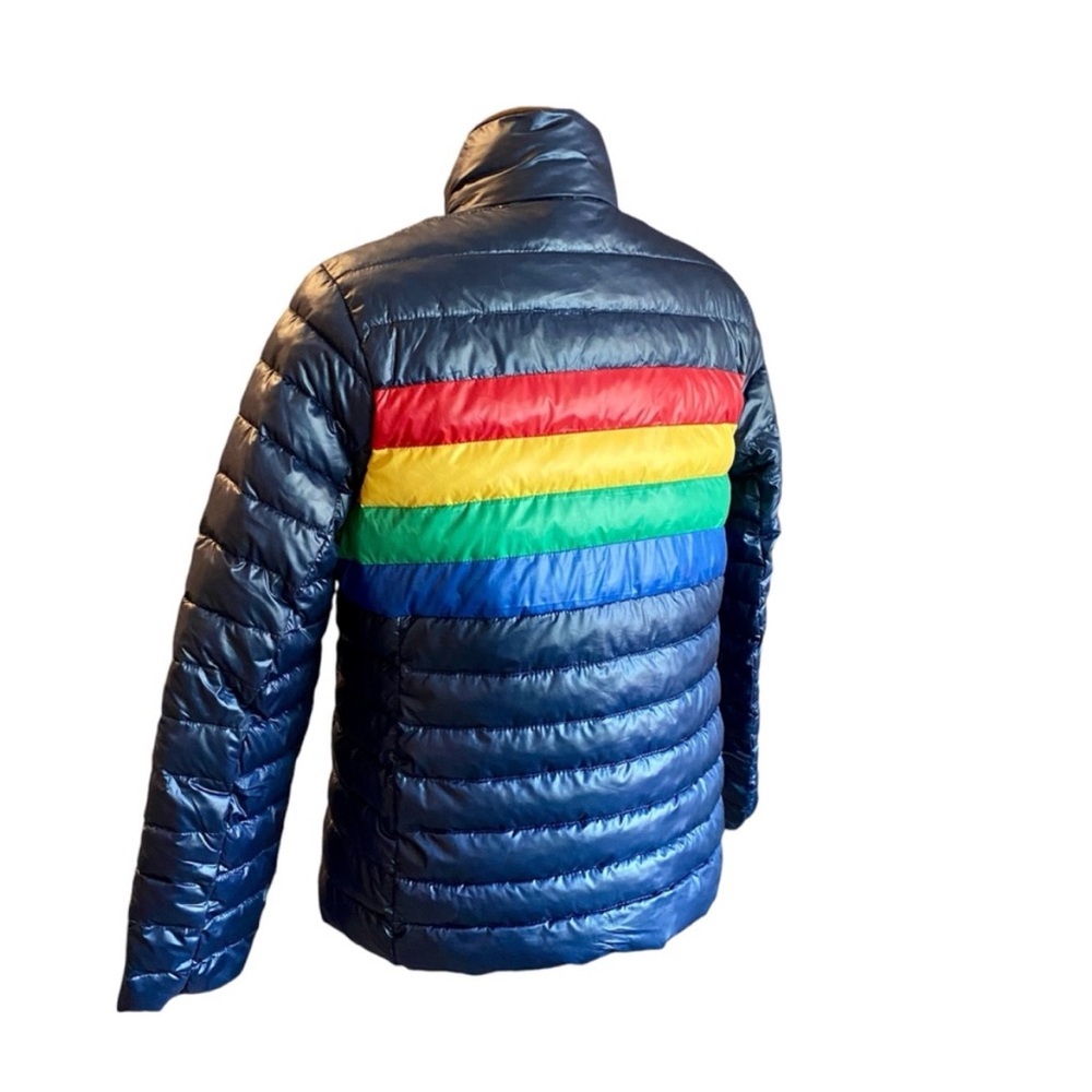 Primary Rainbow Bright Stripe Lightweight Puffer Navy Jacket, Womens size Medium - Picture 2 of 11
